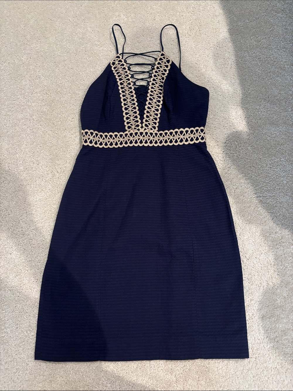 Lilly Pulitzer Navy Lace-Up Spaghetti Strap Dress with Beige Trim